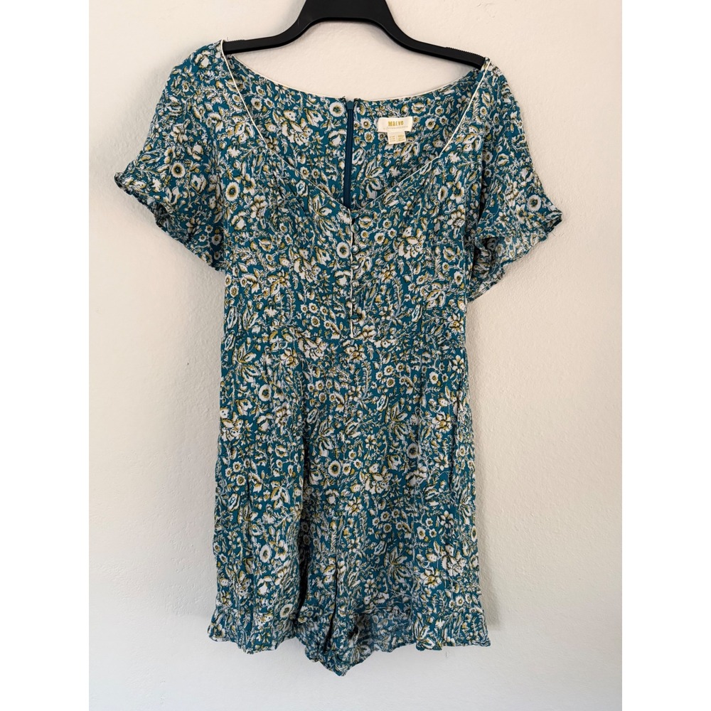 Maeve Anthropologie Women Floral Romper Teal Blue V-Neck Back Tie Size 12P